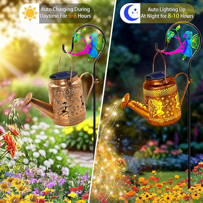 Solar Lanterns Outdoor Waterproof,Metal Watering Can Garden Decor,Fairy Hanging Solar Path Lights Yard Art,Outside Patio Decorations Gardening Christmas Gifts for Mom Grandma Women（with Shepherd Hook）