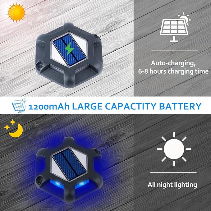 Solar Dock Lights Driveway Deck Lights - 8 Packs Waterproof 1200mAh Outdoor LED Aluminum Dock Lighting Warning Step Light for Driveway Sidewalk Garden Pathway Yard (Blue)