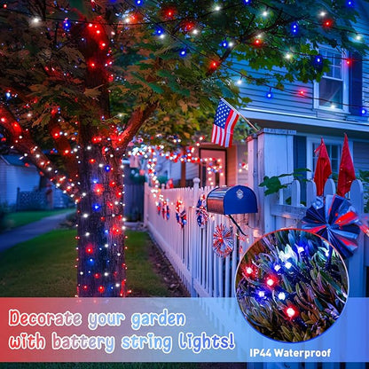 JMEXSUSS Red White and Blue Lights Outdoor Indoor, 2 Pack 100 LED 4th of July String Lights Battery Operated Waterproof for Patriotic Decoration Outside House Garden Tree