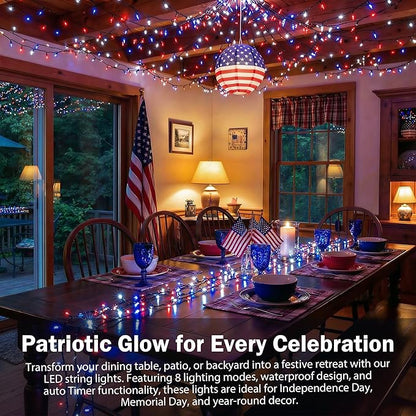 66ft 200LED Red White Blue Patriotic Lights for 4th of July Decoration Battery Fairy String Lights Indoor Outdoor Waterproof Remote Timer 8 Modes for Independence Day American Flag Holiday