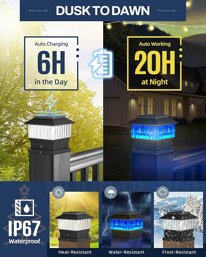 RGB&Warm Solar Post Cap Lights 50 Lumen, Outdoor 4x4 3.5x3.5 4.5x4.5 or 5.5x5.5 Led Fence Deck Patio Garden Post Lights for Christmas Halloween Parties(Black, 6 Pack)