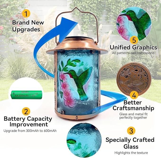 10" H Hummingbird Solar Lanterns Outdoor, Metal Glass Hanging Solar Lamp with Hollow Out Retro Hummingbird Lights, Decorative for Garden Yard Patio Pathway Tabletop Gifts