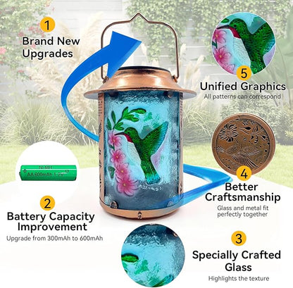 10" H Hummingbird Solar Lanterns Outdoor, Metal Glass Hanging Solar Lamp with Hollow Out Retro Hummingbird Lights, Decorative for Garden Yard Patio Pathway Tabletop Gifts