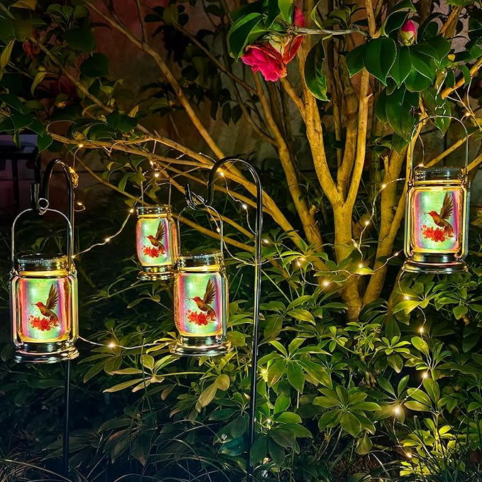 ANGMLN 2 Pack Solar Fairy Lanterns , Adorable Hummingbird Theme in Silver Glass Mason Jars, Gifts for Mom, Grandma, and Women, Waterproof Garden Lights for Patio Yard Lawn Tree Party Outdoor Decor