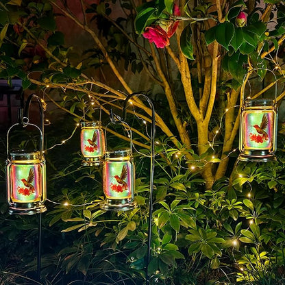 ANGMLN 2 Pack Solar Fairy Lanterns , Adorable Hummingbird Theme in Silver Glass Mason Jars, Gifts for Mom, Grandma, and Women, Waterproof Garden Lights for Patio Yard Lawn Tree Party Outdoor Decor