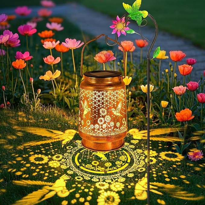Solar Lanterns Outdoor with Shepherd Hook Waterproof Hummingbird Sunflower Garden Decor, LED Hanging Lights Metal Decor for Yard, Patio, Tabletop, Lawn, Perfect Christmas Gift for Women, Mom, Grandma