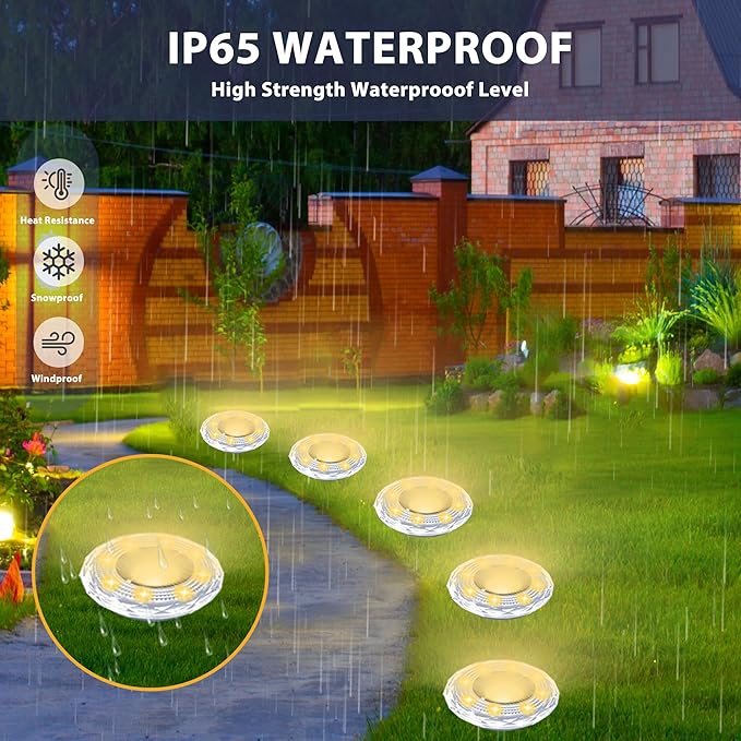 Solar Ground Lights 8 Pack Waterproof Outdoor Solar Lights for Yard Led Solar Garden Lights Bright Solar Powered Disc Light In-Ground Landscape Lighting for Patio Pathway Walkway Driveway, Warm White