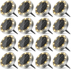 16-Pack Solar Ground Disk Lights, Warm White Waterproof LED