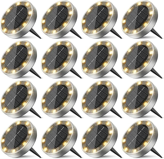 16 Pack Solar Ground Lights Outdoor, 8 LED Mini Flat Solar Disk Lights, IP65 Waterproof Anti-Rust Disc Light, Landscape Lighting for Garden Pathway Yard Walkway Driveway Lawn,Warm White