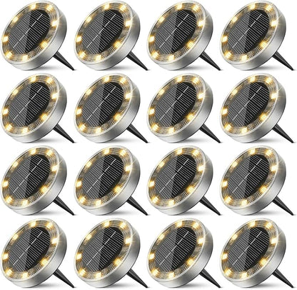 16 Pack Solar Ground Lights Outdoor, 8 LED Mini Flat Solar Disk Lights, IP65 Waterproof Anti-Rust Disc Light, Landscape Lighting for Garden Pathway Yard Walkway Driveway Lawn,Warm White