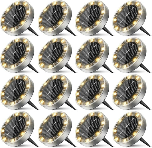 16 Pack Solar Ground Lights Outdoor, 8 LED Mini Flat Solar Disk Lights, IP65 Waterproof Anti-Rust Disc Light, Landscape Lighting for Garden Pathway Yard Walkway Driveway Lawn,Warm White