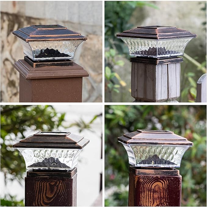 HUYIENO Solar Post Cap Lights Outdoor LED Lighting Deck Fence Cap Light Two Light Modes Warm White/Bright White Suitable for 4x4 Wooden Posts (Brushed Copper, 12pk)