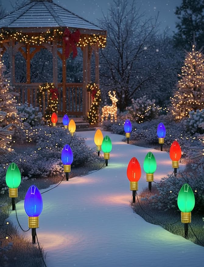 Jumbo C9 LED Christmas Pathway Lights Outdoor, 2 Pack 7 Ft Jumbo Christmas Lights with Pathway Marker Stakes, 8 Giant Multicolor Bulbs Outdoor Holiday Decorations for Lawn Yard Garden