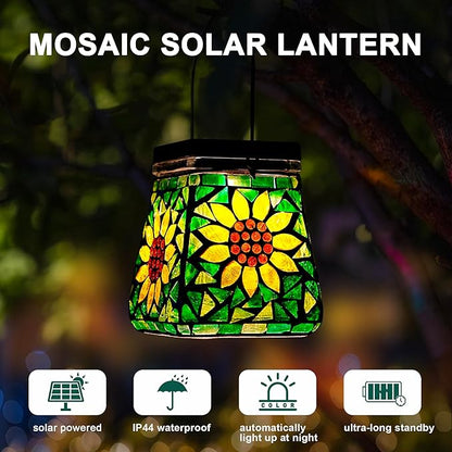 VOREEN Mosaic Solar Table Lamp & Hanging Lantern, 600mAh Battery, Warm White & RGB, 8–10 Hour Night Lighting, IP44 Waterproof, Outdoor Patio Garden Balcony Decor & Holiday Cozy Light