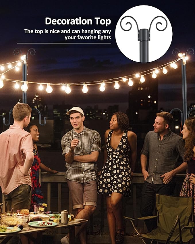 1.5 Inch Heavy Duty String Light Poles with 16.9” Spiral Ground Anchor - for Patio, Deck & Holiday Lighting, 8.5FT Adjustable Outdoor Post, Easy Screw-in Installation, Decorative Scroll Top & Hooks