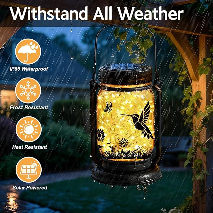 2 Pack Hummingbird Solar Lantern Outdoor Garden Decor,Birthday Gifts for Women Mom Grandma, Waterproof Hanging Vintage Glass Mason Jar Outside for Yard,Patio, Backyard,Porch,Tree, Pathway