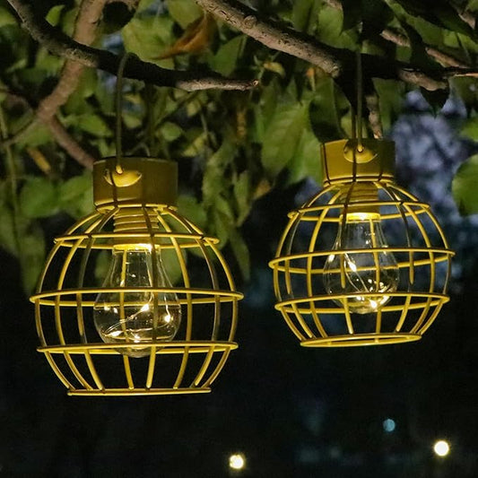 2 Pack Solar Lanterns Outdoor Hanging Lights, Metal Solar Lantern Outdoor Waterproof Auto On/Off Solar Light for Patio Backyard Pathway Porch, Yellow