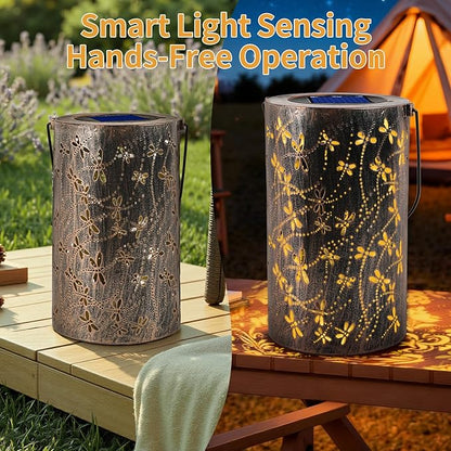 Outdoor Solar Garden Lights: Solar-Powered Yard Patio Hanging Decoration Lanterns with Handle, Outside Waterproof Decorative Lamps with Dynamic Dragonfly Pattern(Dragonfly)
