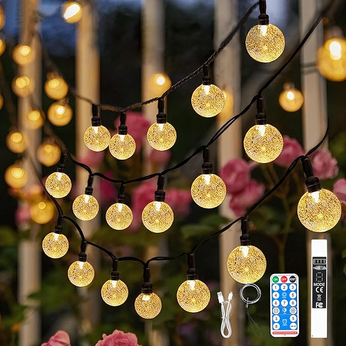 SeaShine Rechargeable Battery Operated String Lights - 22ft 50LEDs Crystal Globe String Lights, IP65 Waterproof Battery Fairy Lights with Remote Timer for Bedroom Outdoor Camping Christmas Warm White
