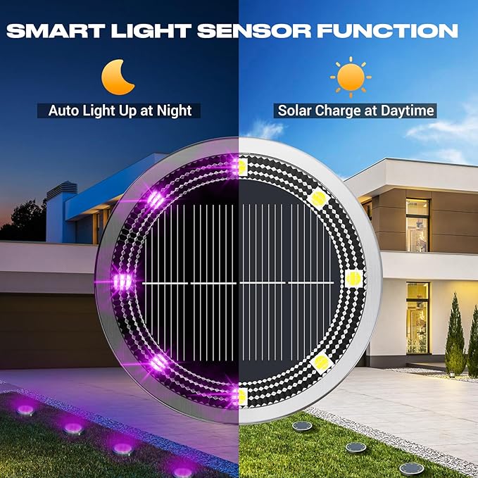 Peasur Solar Ground Lights Outdoor, 4 Pack Flat Solar Powered Disc Lights, IP68 Waterproof, Anti-Rust, Landscape Lighting for Pathway Garden Yard Lawn Walkway Landscape Driveway, Purple