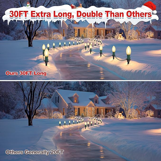 30Ft C9 Led 20 Bulbs Christmas Pathway Lights Outdoor, Warm White Led Bulbs Waterproof Connectable Christmas Walkway Lights with Stakes for Yard Lawn Sidewalk Driveway, Christmas Decorations