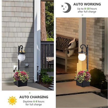 Outdoor Post Light with Planter, Matte Black Solar Lamp Post Light with Globe Shade, 2 in 1 Waterproof Solar Post Lights Outdoor Planter for Outside Gardan Pathway