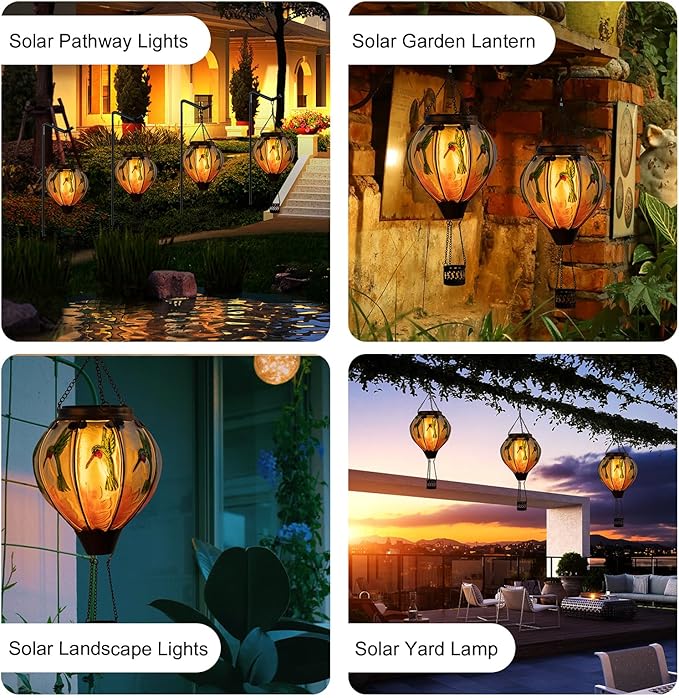 Larekook Hummingbird Hot Air Balloon Solar Lantern Outdoor Waterproof,Glass Garden Decor,Solar Hot Air Balloon Lantern with Flame Flickering Light for Yard Patio Lawn,Hummingbird Gifts for Women Mom