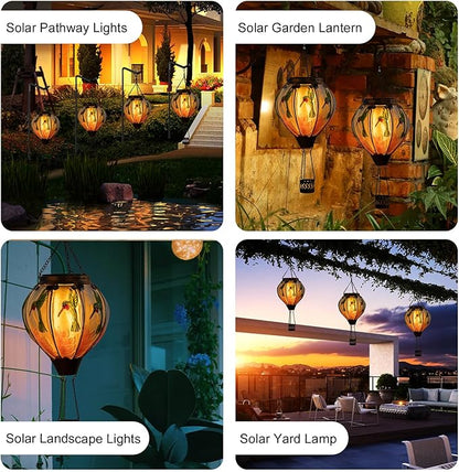 Larekook Hummingbird Hot Air Balloon Solar Lantern Outdoor Waterproof,Glass Garden Decor,Solar Hot Air Balloon Lantern with Flame Flickering Light for Yard Patio Lawn,Hummingbird Gifts for Women Mom