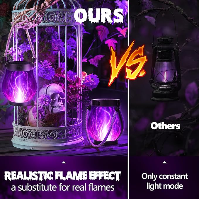Solar Flame Lantern Hanging Outdoor Waterproof Purple - 2 Pack Flame Lanterns with Dual Charging Modes of Solar & USB for Garden or Yard Decorations (Purple - 2 Pack)