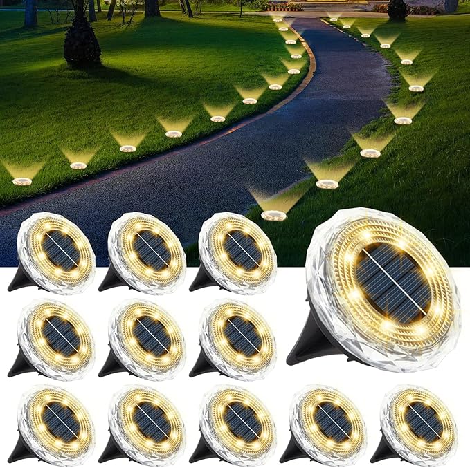 echosari Solar Ground Lights 12 Pack, Upgraded Solar Garden Lights Auto ON/Off Landscape Lighting Outdoor In-Ground Lights Waterproof Long Lasting for Pathway Walkway Patio (Warm White)