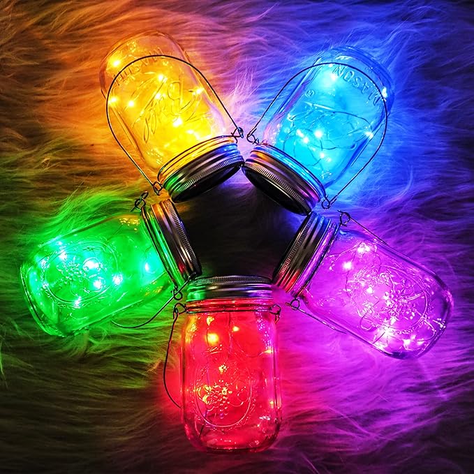 SmilingTown Solar Mason Jar Lights 10 Pack 20 LED Waterproof Outdoor Fairy String Light Insert Lids with Hangers for Patio Lawn Garden Wedding Decor No Jars (Red, Blue, Green, Purple,Yellow)