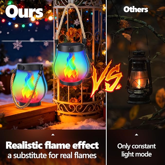 Christmas Solar Flame Lantern Hanging Outdoor Waterproof - Dancing Flame Lanterns with Dual Charging Modes of Solar & USB for Garden or Yard Decorations (Multicolor - 1 Pack)