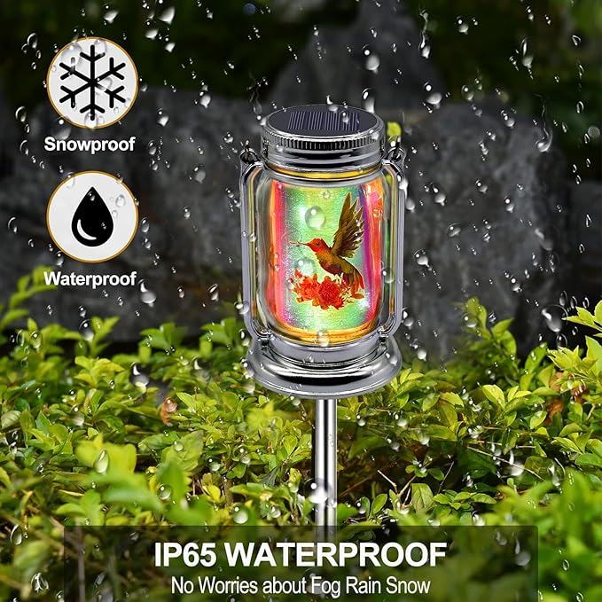 ANGMLN 2 Pack Solar Fairy Lanterns , Adorable Hummingbird Theme in Silver Glass Mason Jars, Gifts for Mom, Grandma, and Women, Waterproof Garden Lights for Patio Yard Lawn Tree Party Outdoor Decor