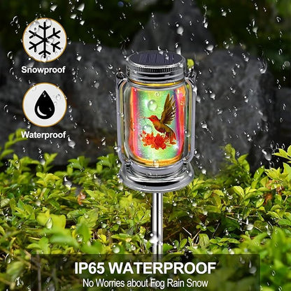 ANGMLN 2 Pack Solar Fairy Lanterns , Adorable Hummingbird Theme in Silver Glass Mason Jars, Gifts for Mom, Grandma, and Women, Waterproof Garden Lights for Patio Yard Lawn Tree Party Outdoor Decor