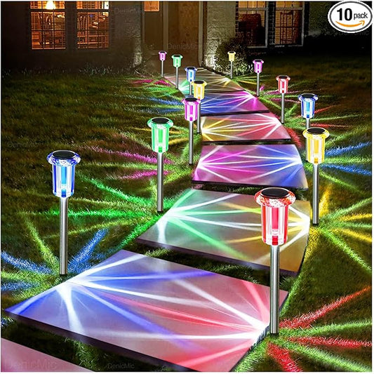 DenicMic Solar Lights Outdoor 10 Pack Waterproof Color LED Stainless Steel Stake Outside Lights for Yard Pathway Garden Driveway Walkway Landscape Path Lighting Christmas Decorations