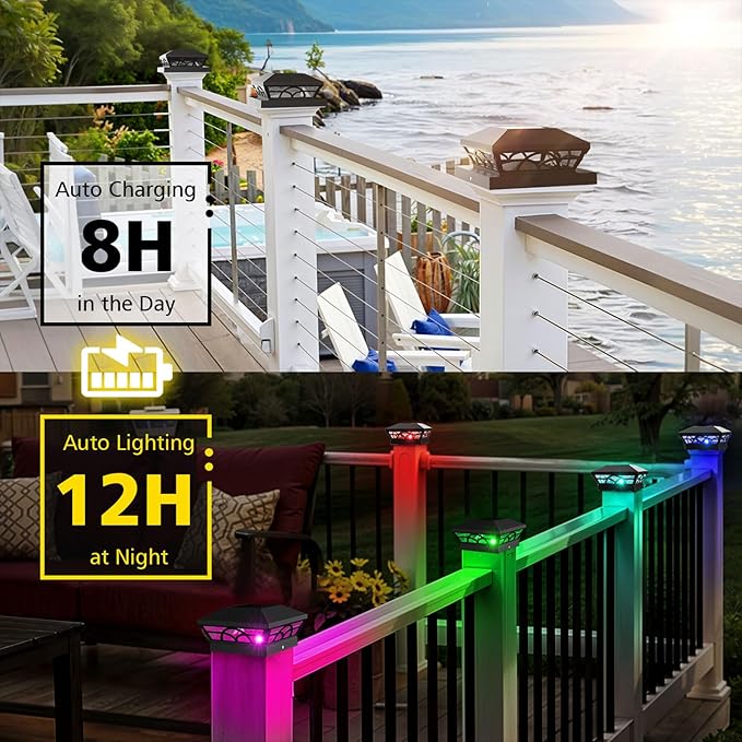 T-SUN Solar Post Cap Lights 6 Pack – Outdoor Waterproof RGB Color Changing Light for 3.5x3.5 4x4 5x5 5.5x5.5 Wood/Vinyl Fence Posts, Solar Deck Lights for Patio, Garden, Porch
