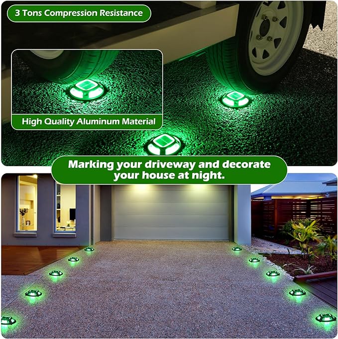 AGPTEK Solar Driveway Lights Outdoor 12 Pack, 2 Color Modes LED Deck Dock Marine Waterproof Security Marker Lights for Step Sidewalk Stair Garden Pathway Walkway Yard(Green/Red)
