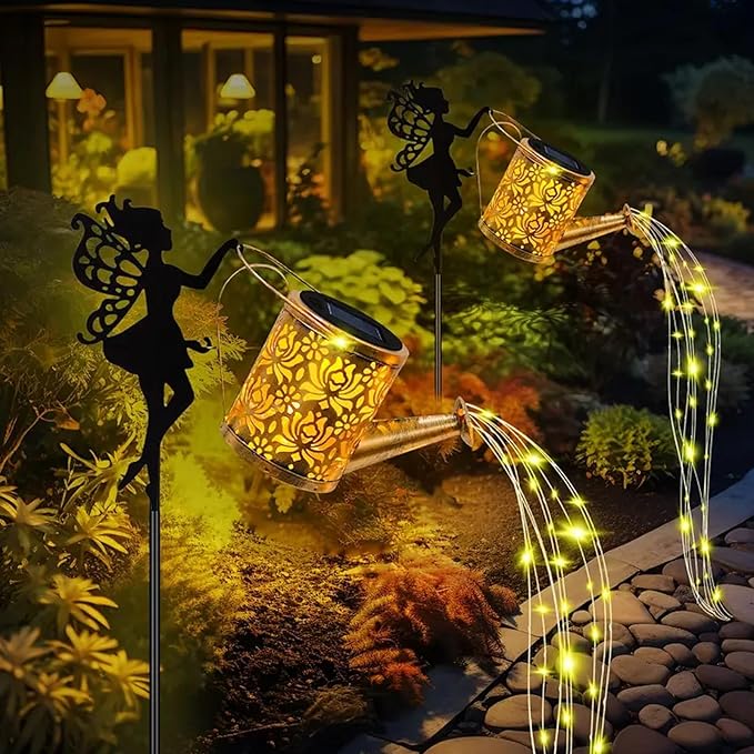 Solar Watering Can Lights,LED Solar Lantern String Light Outdoor Garden Waterproof Hollowed-Out Retro Metal Water Can Lights,for Garden Patio Yard Pathway Lantern Plant Decoration (Fairy)