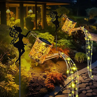 Solar Watering Can Lights,LED Solar Lantern String Light Outdoor Garden Waterproof Hollowed-Out Retro Metal Water Can Lights,for Garden Patio Yard Pathway Lantern Plant Decoration (Fairy)