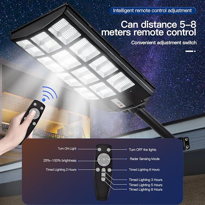 4000W Solar Street Lights Outdoor Waterproof, 400000LM, Dusk to Dawn Solar with Motion Sensor and Remote Control, LED Flood Light, Luces solares para exteriores, Suitable for courtyards, Garage.