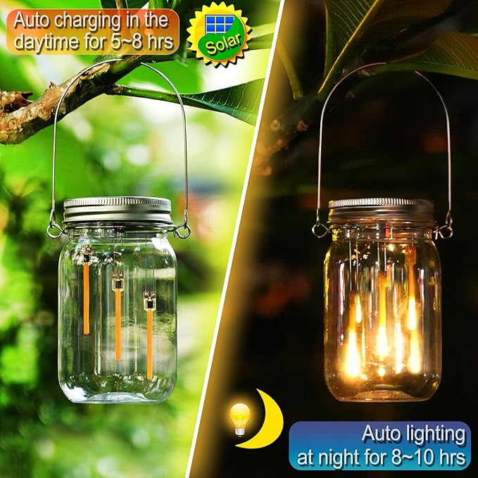 Solar Mason Jar Meteor Light Lanterns, Falling Raindrops Warm White LED Lights Build-in Mason Jar, Outdoor Decorative Waterproof with Stakes for Patio, Yard, Lawn, Tree (Mason Jar Lights, 4)