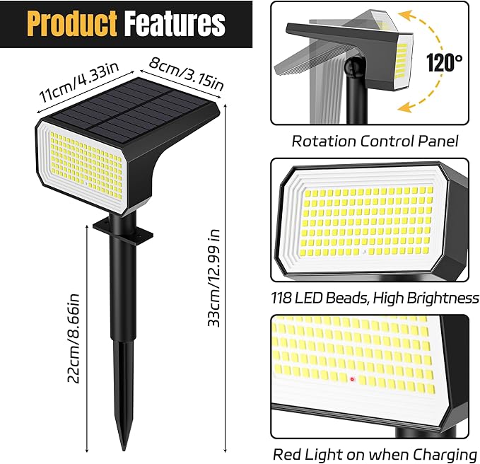 Solar Spot Lights Outdoor, [10 pack/118 LED] 4 Modes Auto On/Off Solar Landscape Spotlights, Ip67 Waterproof Solor Powered Pathway Lights for Outside Yard Garden Walkway Tree Patio (Cool White)