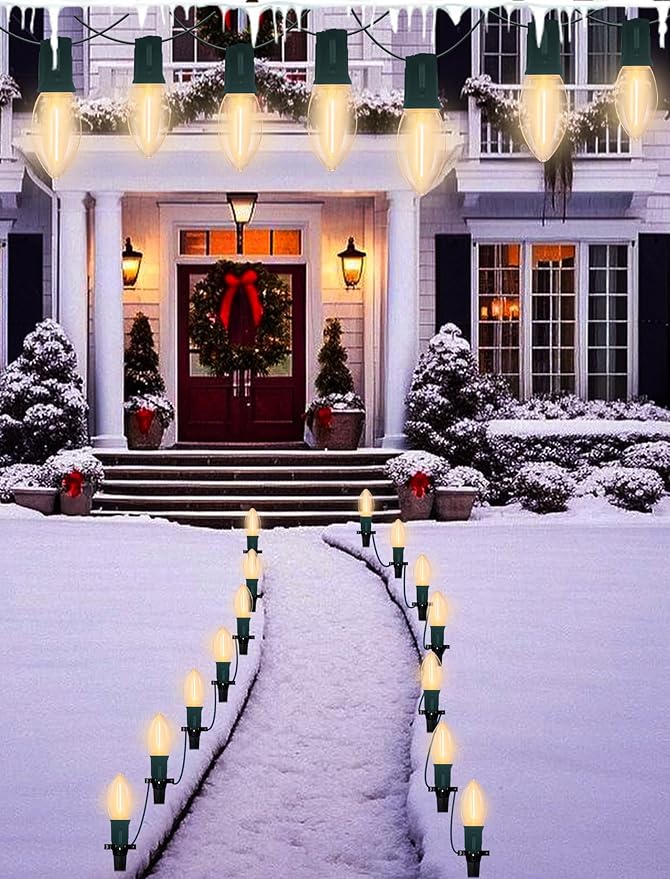 C9 Christmas Pathway Lights Outdoor 38Ft Connectable C9 LED Christmas String Lights with 25 LED Warm White Stakes Lights for Walkway Outdoor Yard Driveway Lawn Decorations