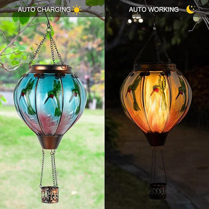 Larekook Hummingbird Hot Air Balloon Solar Lantern Outdoor Waterproof,Glass Garden Decor,Solar Hot Air Balloon Lantern with Flame Flickering Light for Yard Patio Lawn,Hummingbird Gifts for Women Mom