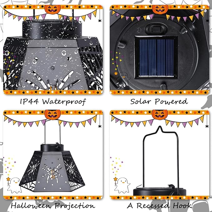 2-Pack 8.6" Halloween Solar-Powered Lanterns with Spider Outdoor Lantern Projection Lights, Waterproof Solar Stake Lights for Garden, Yard, Pathway Decor