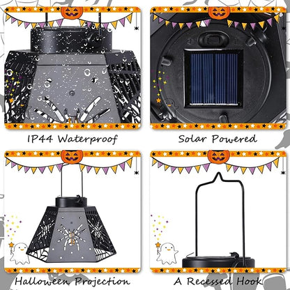 2-Pack 8.6" Halloween Solar-Powered Lanterns with Spider Outdoor Lantern Projection Lights, Waterproof Solar Stake Lights for Garden, Yard, Pathway Decor
