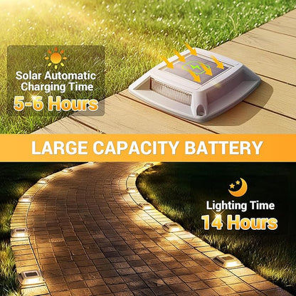 Solar Driveway Lights 10 Pack, Solar Powered IP68 Waterproof Dock Lights, 4 LED Driveway Markers Deck Light for Dock, Pathway, Walkway, Sidewalk, Garden, Yard, Stair, Marine Use (Warm)