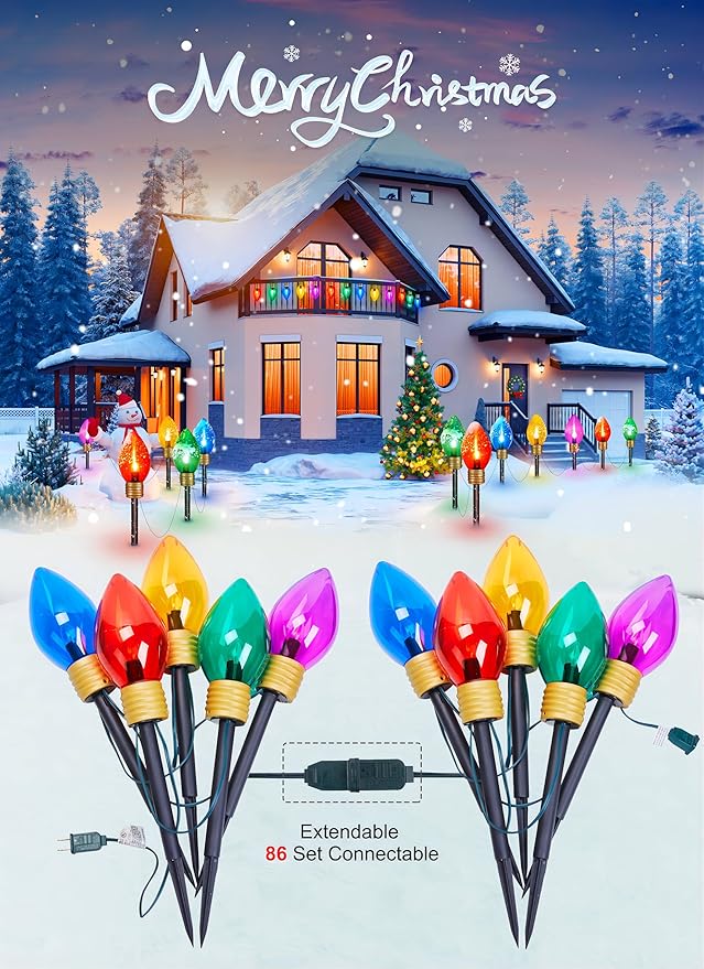 Jumbo C9 Christmas Pathway Lights Outdoor - 2 Pack Total 17 Feet 10 LED C9 Walkway Lights, Multicolor Jumbo Light Christmas Bulb Light Outdoor Decorations for Lawn Holiday Outside Yard Garden