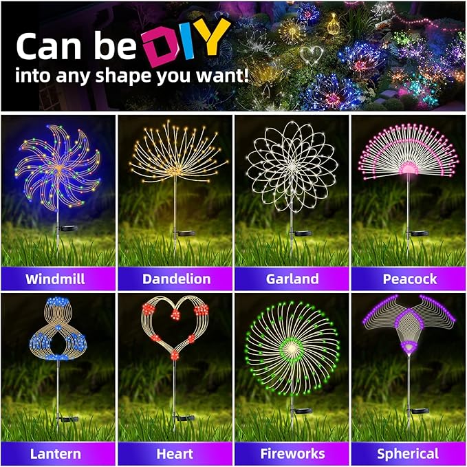 YOTOZU 2 PCS Solar Firework Light, Outdoor Solar Garden Decorative Lights 120 LED Powered 40 Copper Wires String DIY Landscape Light for Walkway Pathway Backyard Decoration Parties Perfect Gifts(Pink)