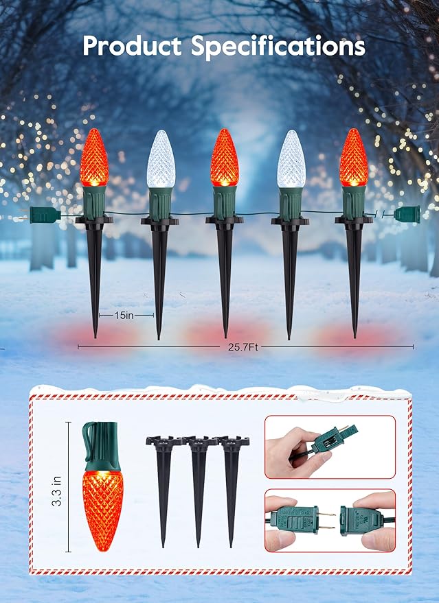 Brightown C9 Christmas Lights Outdoor, 25.7 Ft Strawberry C9 Christmas Pathway Lights with 20 LED Bulbs and Stakes, Christmas Decorations Outside Walkway Sidewalk Holiday, Red and White